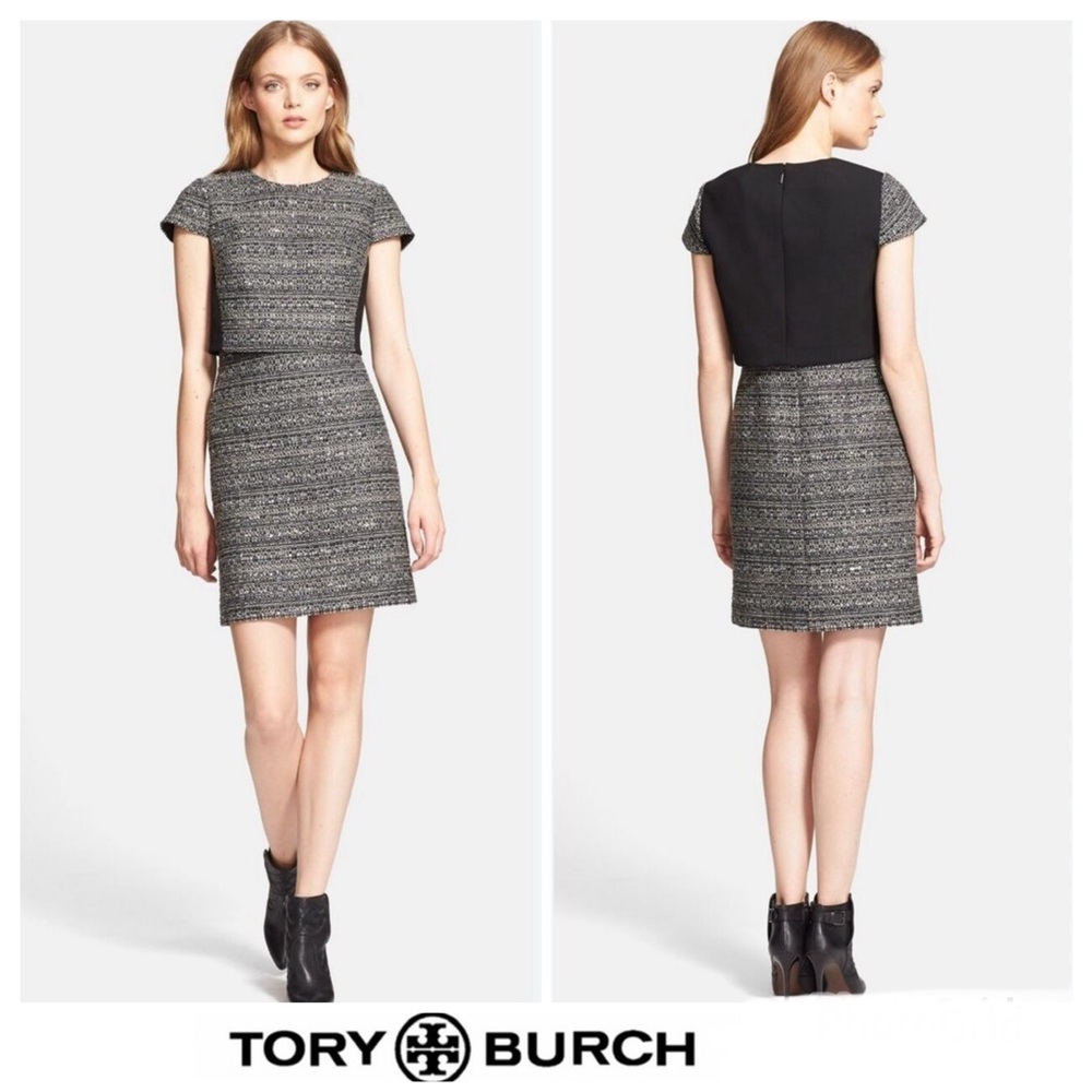 TORY BURCH Deandra Gray Metallic Tweed Two Piece  Cocktail Shift Mini Dress Sz 8